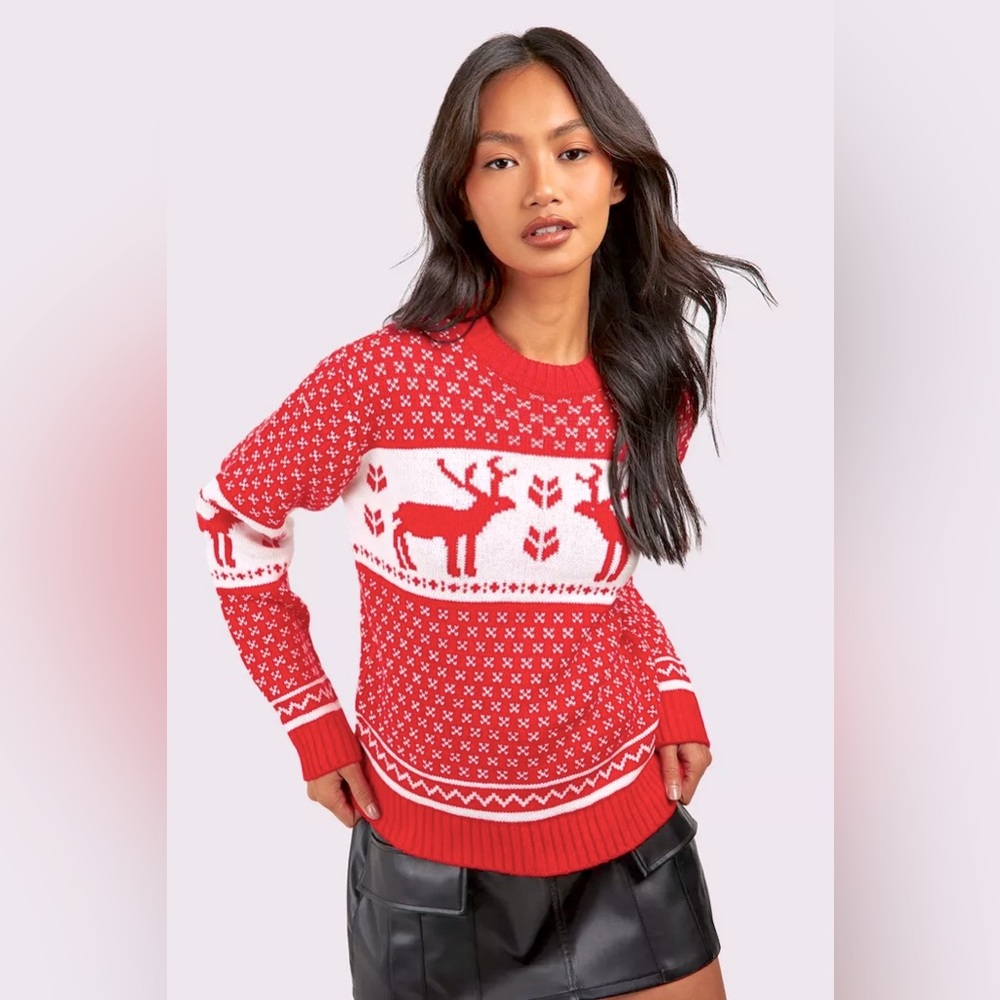 Boohoo Red & White Reindeer Snowflake Holiday Sweater | M/L (Fits Medium) ♥️🤍